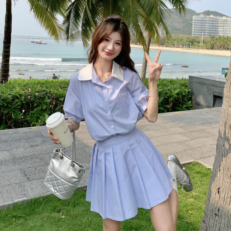 法式学院风蓝白条纹衬衫裙套装