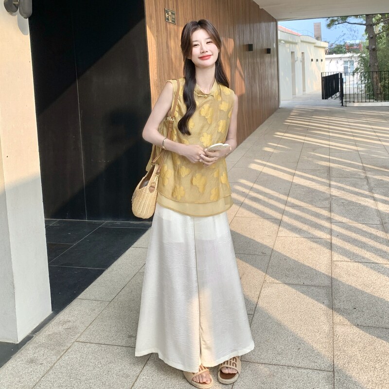 新中式禅意多巴胺黄旗袍套装夏