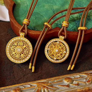 韦雪同款古法沙金点钻转动八宝罗盘吊坠沙金项链编绳毛衣链女送礼