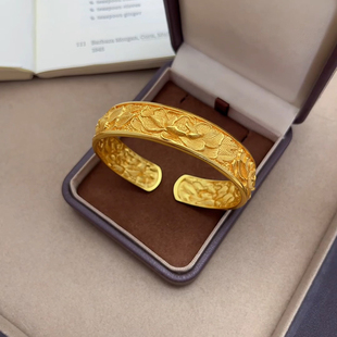 宽面牡丹花沙金开口手镯仿真黄金实心复古花朵新中式国风复古镯子