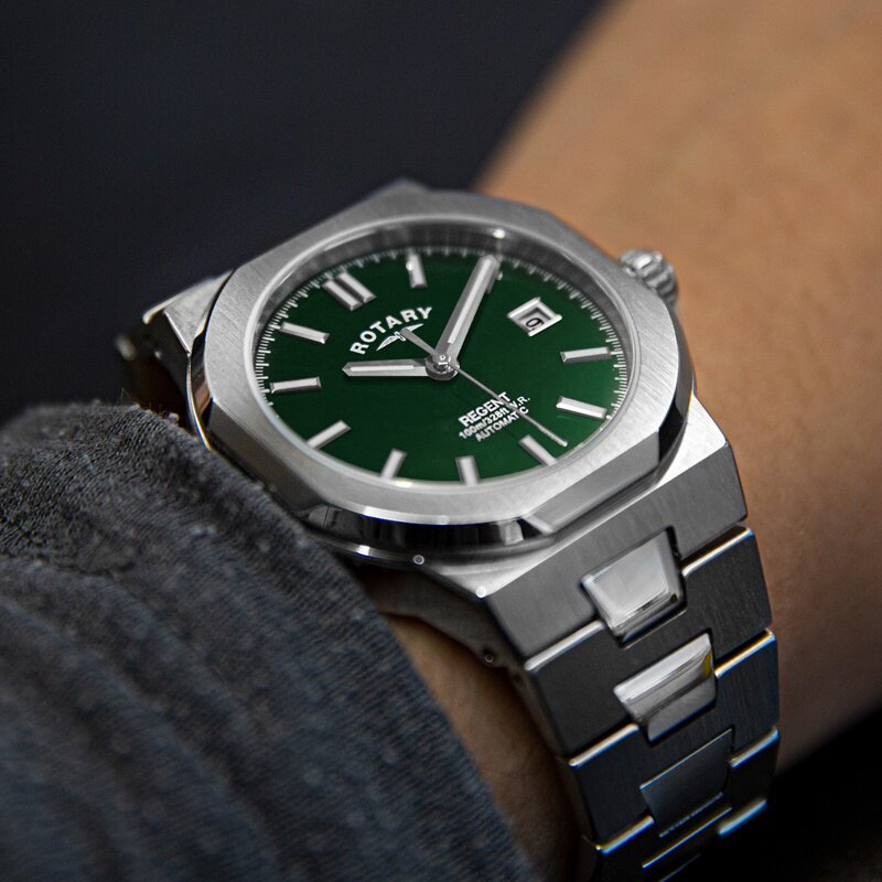 rotary劳特莱手表男复古绿色表盘钢带自动机械表夜光防水瑞士腕表