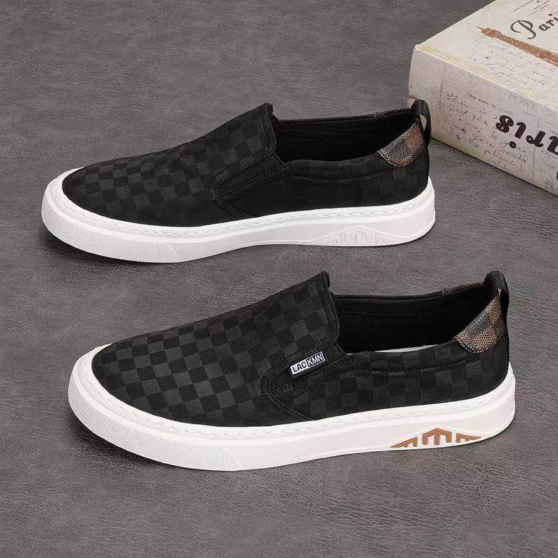 男鞋2026春款一脚蹬乐福帆布鞋精神小伙休闲运动黑色格子百搭板鞋,流行男鞋,休闲板鞋,淘宝优惠券,粉丝福利购,淘宝优惠卷