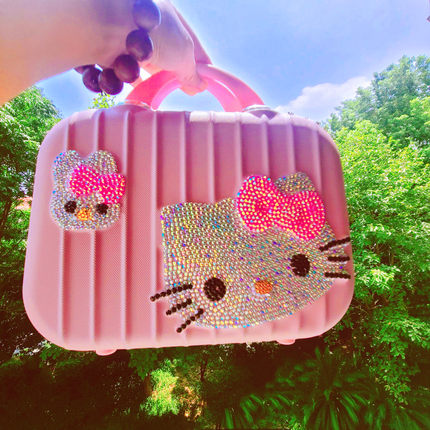 14寸化妆手提箱可爱卡通包镶钻kt猫化妆箱外贸礼品拖箱猫化妆包