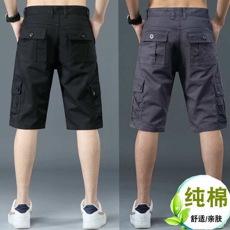 夏季棉布工装裤男休闲中裤多袋宽松直筒五分裤百搭潮流七分裤短裤
