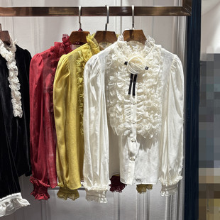 南油2026春秋新品女装衬衣泡泡袖蝴蝶结立体花朵微透法式小衫上衣