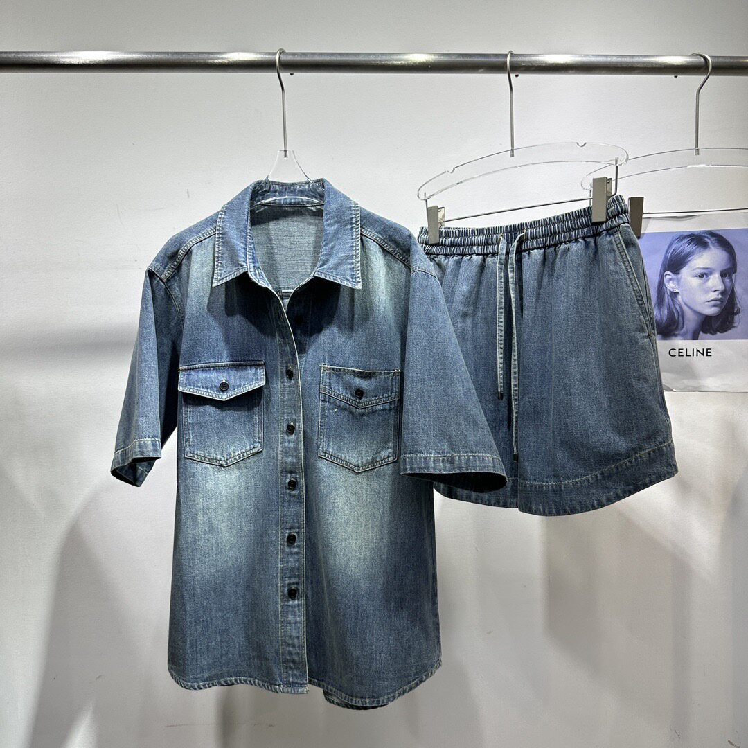 复古软牛仔套装松弛休闲薄款短袖衬衫宽松松紧腰短裤夏季新品女装