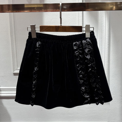 木耳花边高腰丝绒短半身裙