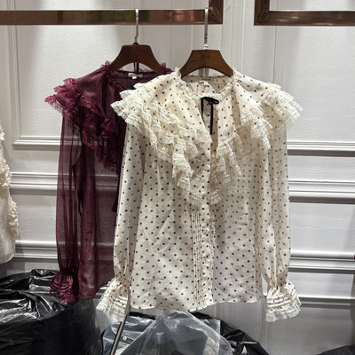 荷叶边波点泡泡长袖衬衫上衣