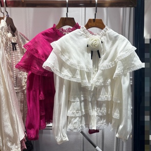 南油2026春季新品女装立体花朵法式小众蛋糕层荷叶边拼接长袖上衣