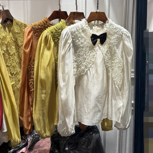 南油2026春季新品女装法式宫廷风复古荷叶边泡泡袖衬衫蝴蝶结上衣