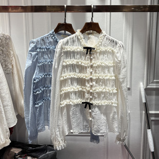 南油2026新品女装复古拼接木耳边衬衫蝴蝶结花边领温柔风长袖上衣