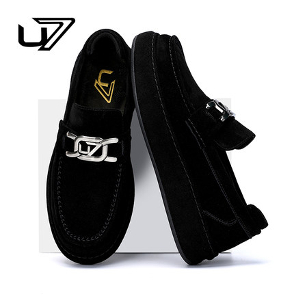 U7乐福鞋男冬季2025新款真皮厚底套脚休闲皮鞋男士反绒皮商务皮鞋