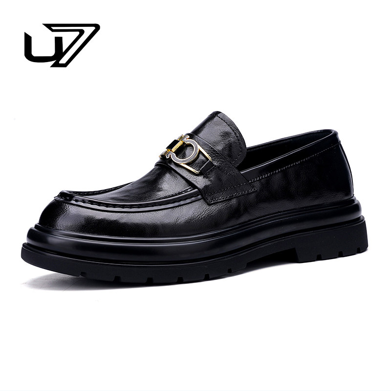 U7皮鞋男2026新款真皮厚底套脚乐福鞋男头层牛皮时尚商务休闲皮鞋
