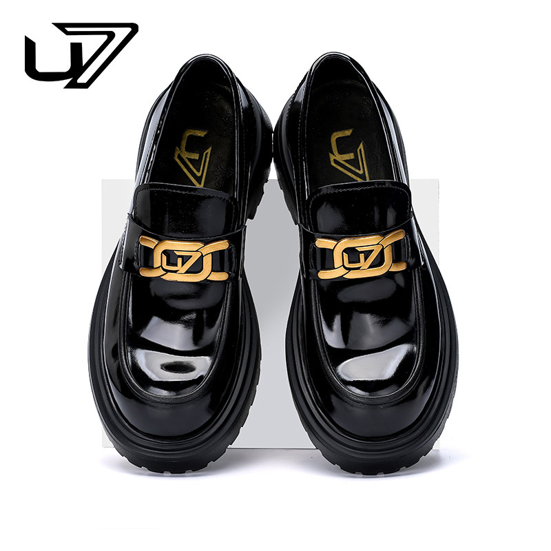 U7皮鞋男高端厚底一脚蹬金属扣真皮英伦商务皮鞋头层牛皮休闲皮鞋