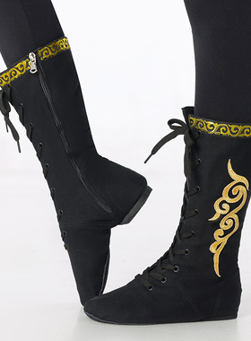 新款黑色民族舞蹈靴长筒帆布牛皮蒙古族藏族软底鞋马靴子男女剧目