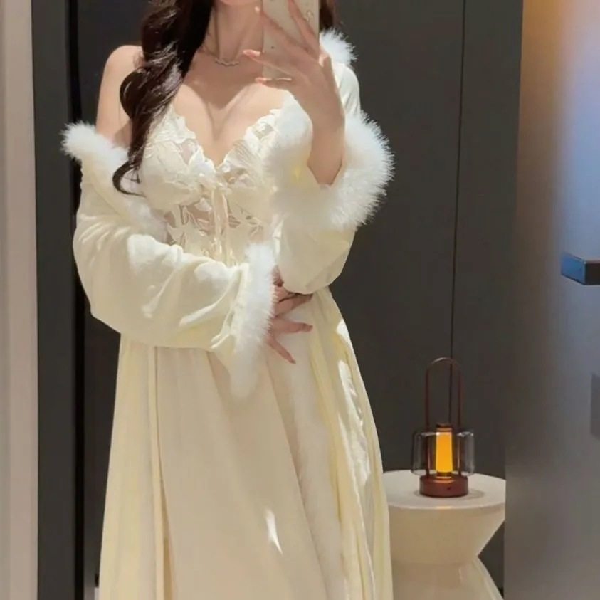 网红流行新款带胸垫冰雪丝睡裙+海岛绒睡袍性感毛茸茸睡衣女套装