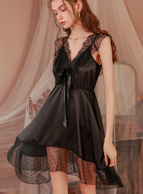 3074性感家居服夏季新款蕾丝睡裙轻奢透视吊带睡衣纯欲带胸垫套装