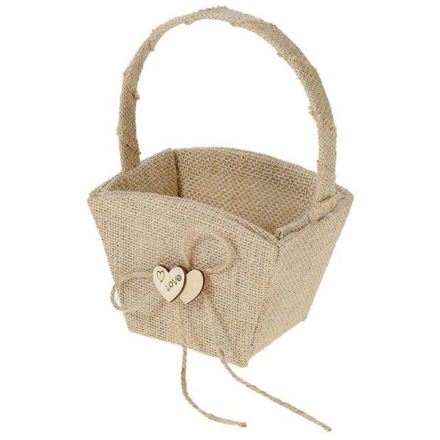 vintage rustic wedding burlap flower girl basket with wooden