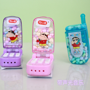 蜡笔小新音乐手机水果味压片糖儿童玩具闪光翻盖仿真电话
