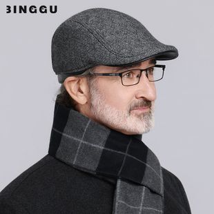 中老年人爸爸帽子男士秋冬季羊毛呢鸭舌帽英伦复古保暖前进贝雷帽