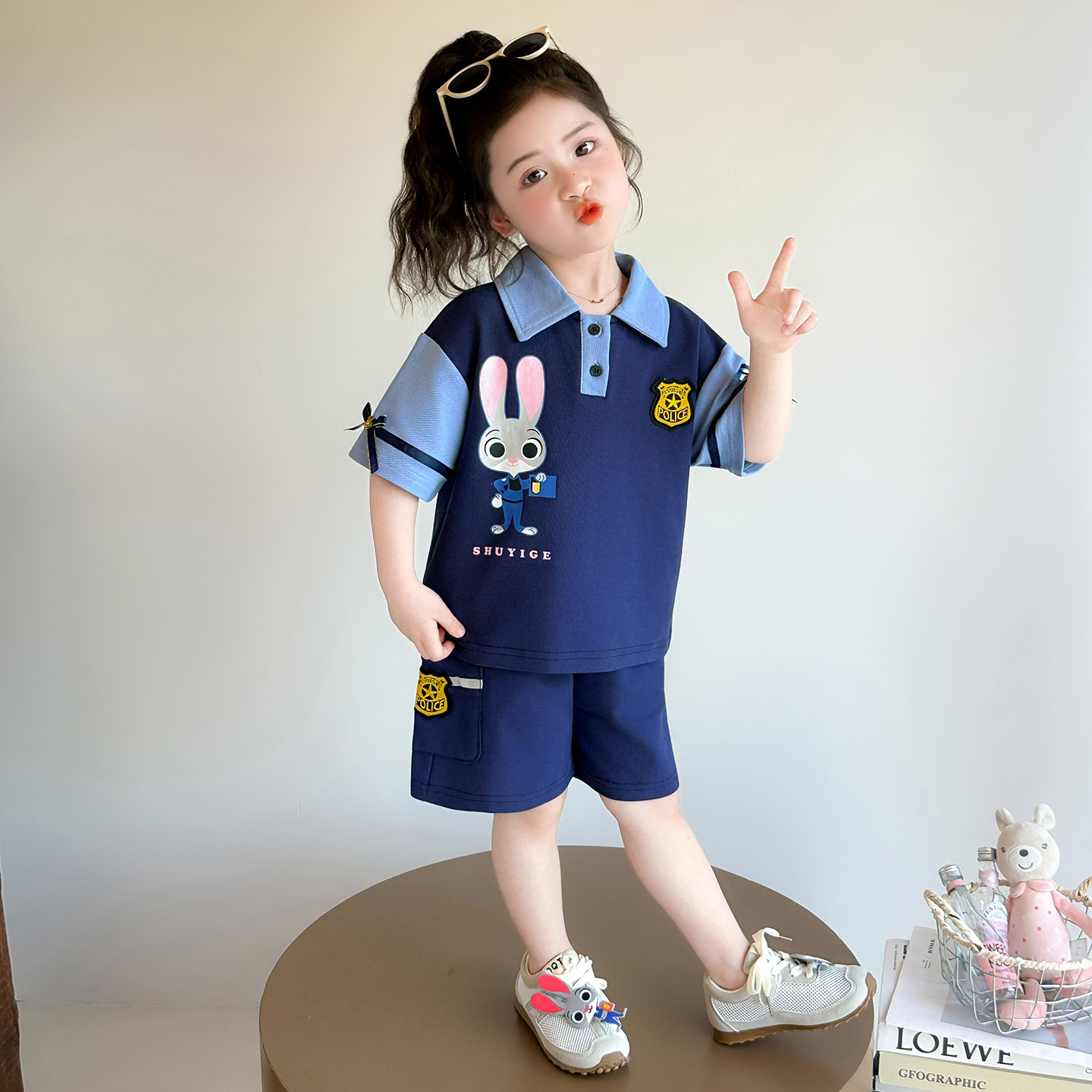 女童兔子警官套装夏季2026新款儿童宝宝夏装polo衫短袖短裤两件套