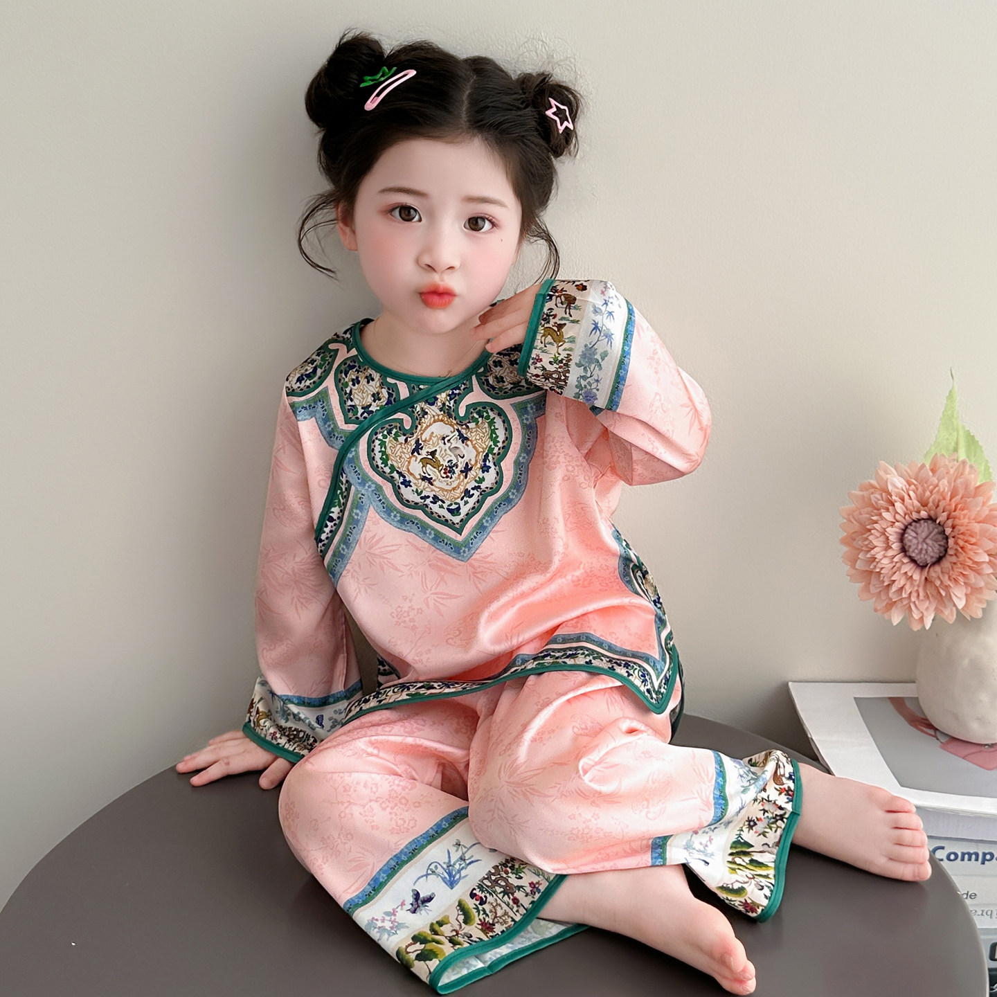 女童国风睡衣春秋新款女孩宝宝新中式长袖套装春季儿童冰丝家居服