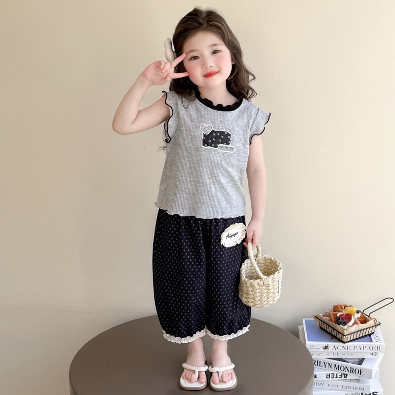 女童夏季2026新款背心套装韩版儿童女宝宝夏休闲短袖防蚊裤九分裤