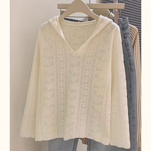 2025春季新款时尚毛衣钩花镂空长袖针织衫上衣蕾丝帽衫连帽打底衫