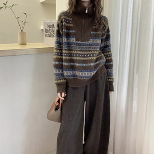 秋冬韩系复古风费尔岛拉链翻领毛衣女宽松撞色软糯祖母风针织衫潮