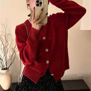 欧货潮 2024新款 高级感彩钻纽扣绵羊毛针织开衫 毛衣外套女宽松春装