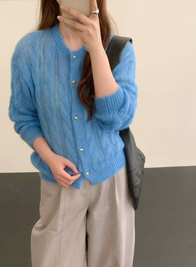 马海毛慵懒软糯麻花薄针织开衫女