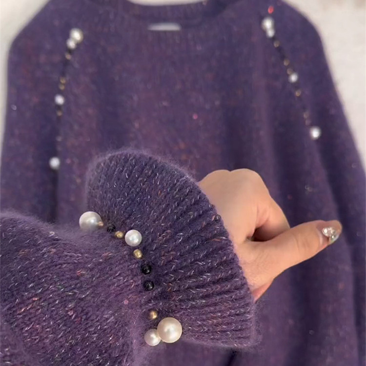 秋冬韩系紫色重工钉珠针织毛衣女