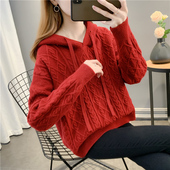 复古麻花连帽毛衣女套头春秋2025年新款 宽松加厚慵懒风针织打底衫