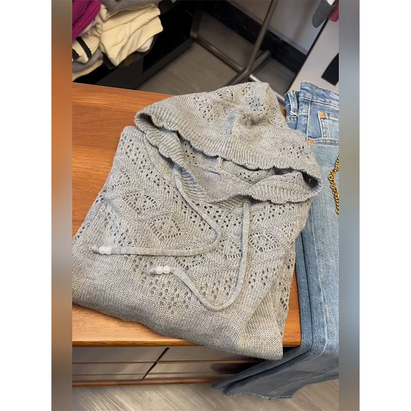 法式慵懒风长袖上衣镂空针织帽衫