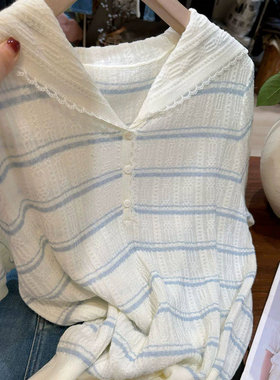 夏季宽松海军风条纹针织衫女短袖
