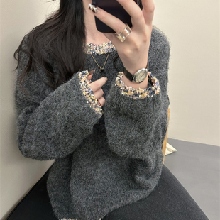 优雅精致高级灰色长袖 女2025年秋季 新款 花边慵懒风软糯毛衣 针织衫