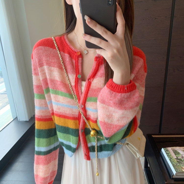 法式早秋马海毛羊毛彩色彩虹条纹洋气针织开衫长袖上衣毛衣外套女