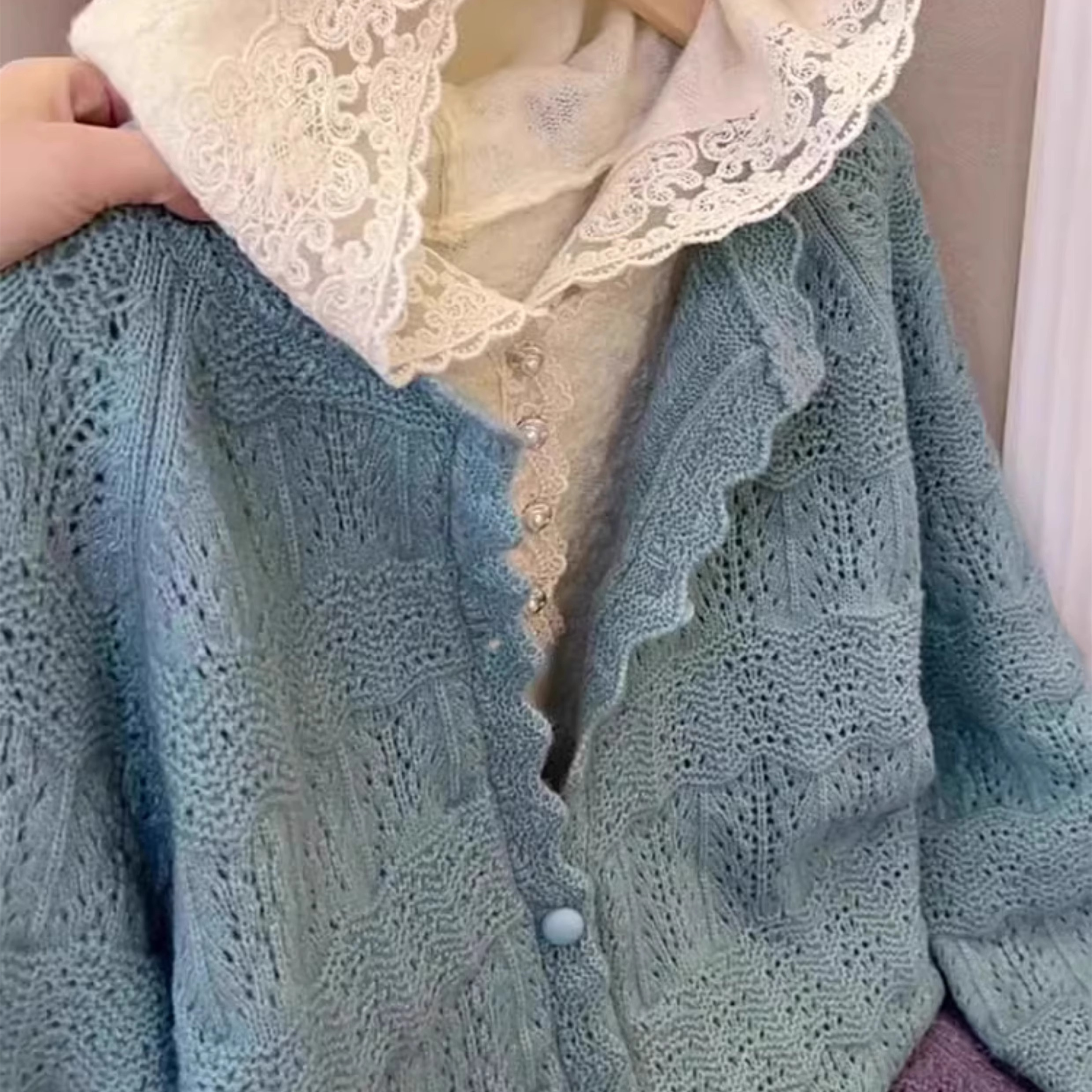 韩系蓝色镂空钩花针织开衫上衣女