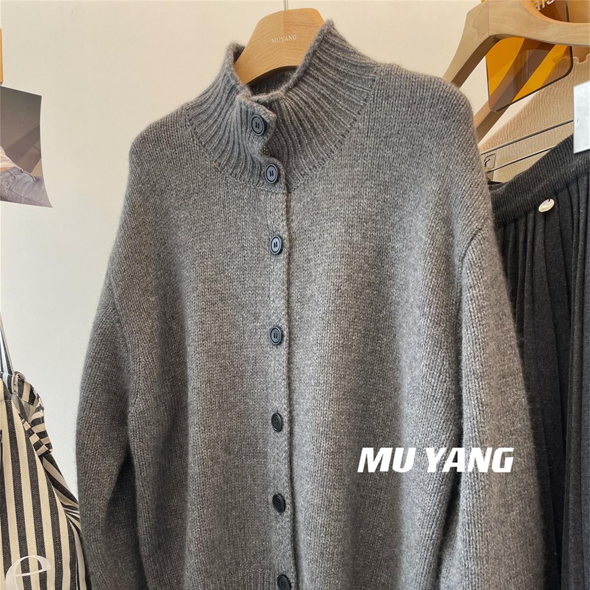 秋冬重磅时尚灰色半高领毛衣外套