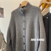 秋冬重磅时尚 灰色半高领韩系休闲女宽松加厚慵懒风针织开衫 毛衣