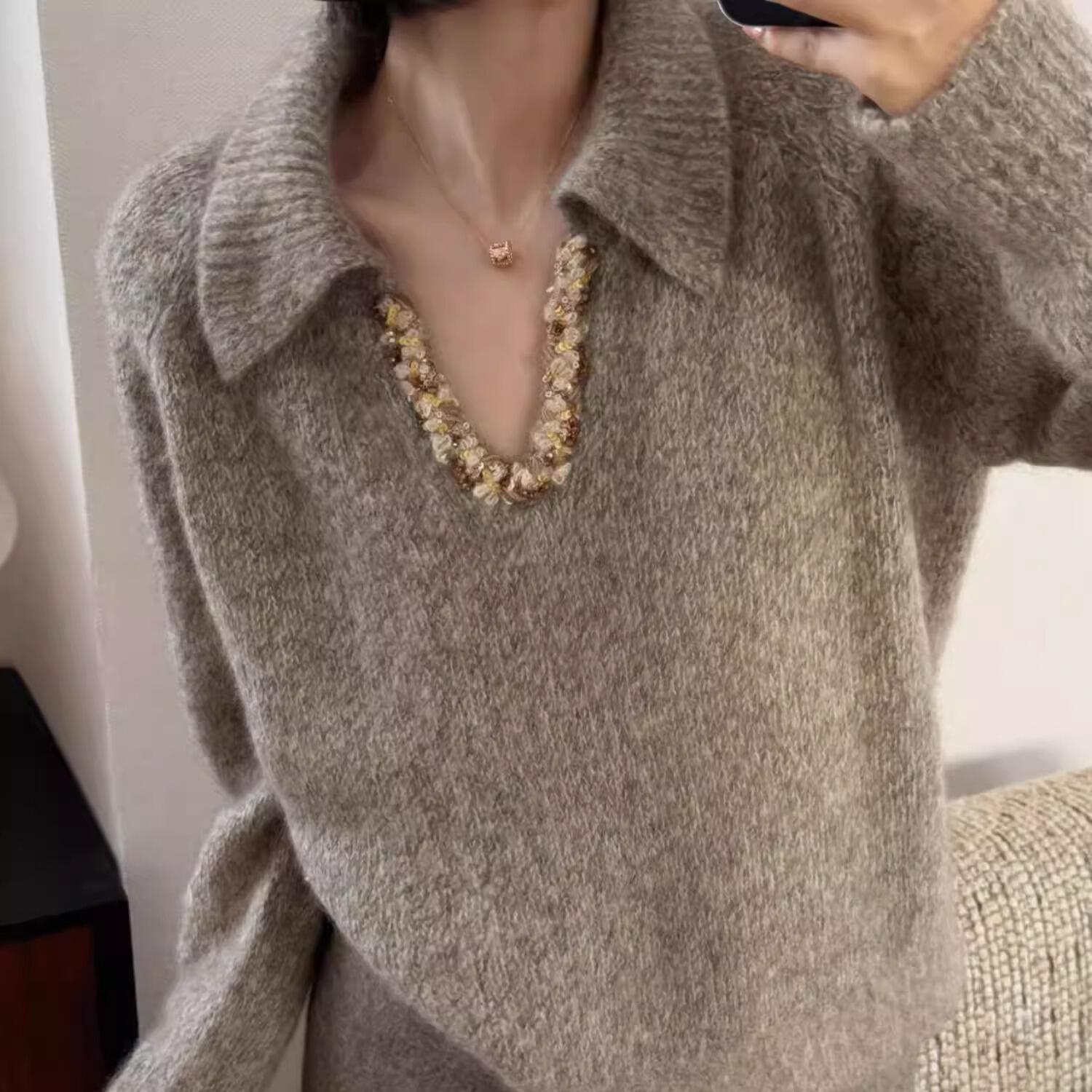 法式独特别致V领套头毛衣女秋冬