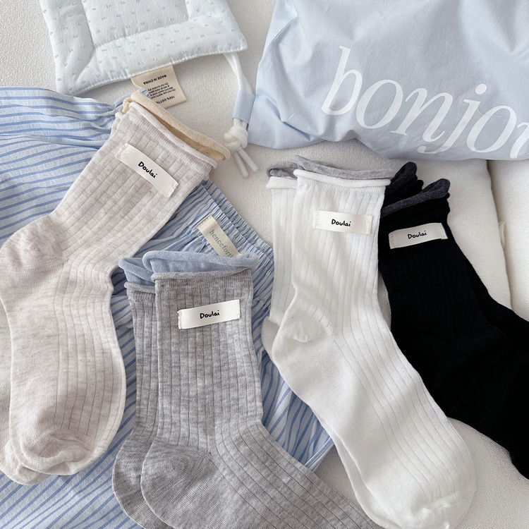 韩系女主~卷边薄撞色双罗口布标字母中筒袜韩系透气棉百搭女袜