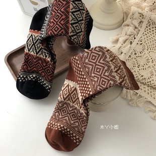 清雅~秋冬复古菱形格袜子女英伦风ins潮堆堆袜文艺双针双路中筒袜