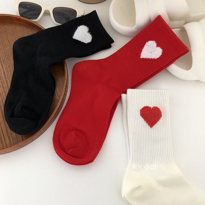 秋冬立体爱心袜子女纯色中筒袜ins潮本命年大红色棉袜日系学院风