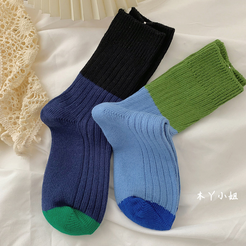 变变变 秋冬加厚粗线撞色中筒袜女棉ins潮休闲街头情侣袜保暖拼色