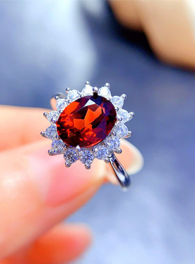 天然石榴石戒指女正品纯银镶红色宝石活口指环精致时尚送妈妈礼物