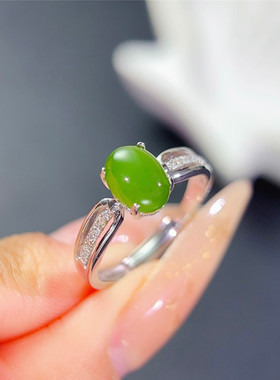 天然和田玉碧玉戒指女S925纯银镶嵌绿色宝石玉指环开口可调节礼物