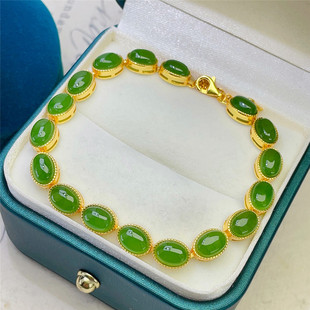 天然和田玉碧玉手链女正品S925纯银新款翡翠色玉石手串可调节首饰