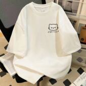 新款 2025男女童纯棉卡通猫咪印花短袖 t恤中大童夏季 宽松学生上衣