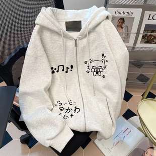 女童秋冬白灰色加绒拉链连帽外套2025新款中大童美式潮牌开衫卫衣